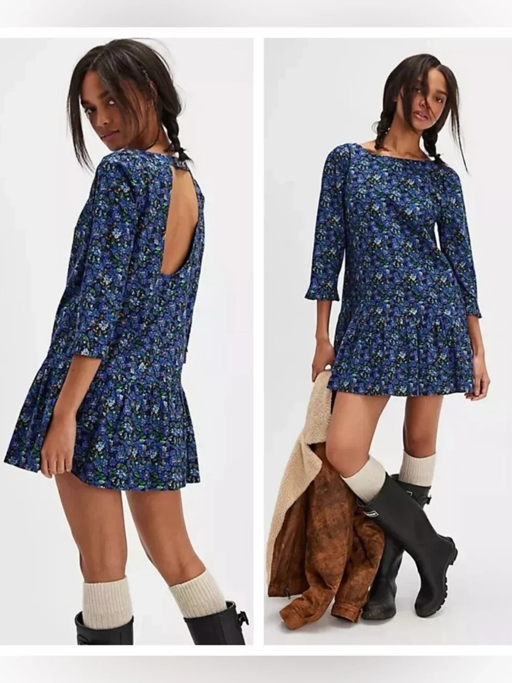 Free People The Avenue Blue Floral Mini Dress Size S